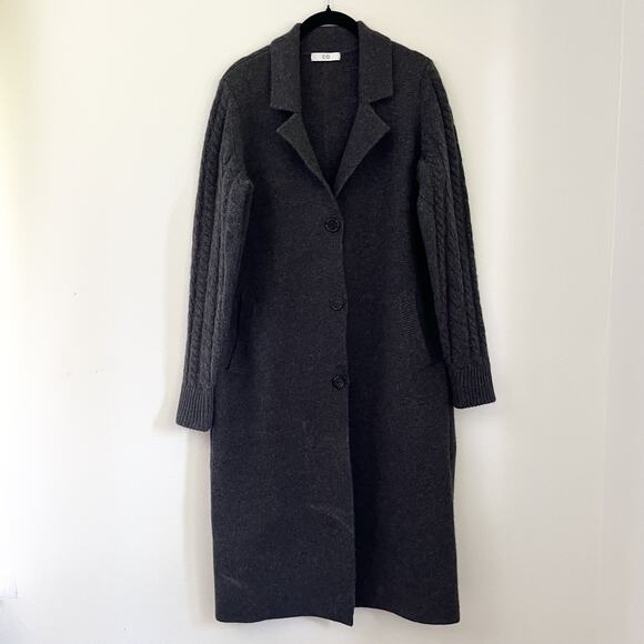 CO Collections 100% Cashmere Long Cardigan Coat Sweater Open Gray Sm cable knit - Picture 1 of 9